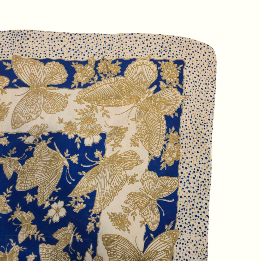Vintage Butterfly Scarf Blue Gold Boho Headscarf Square Kerchief Wrap Bandana - Picture 5 of 13